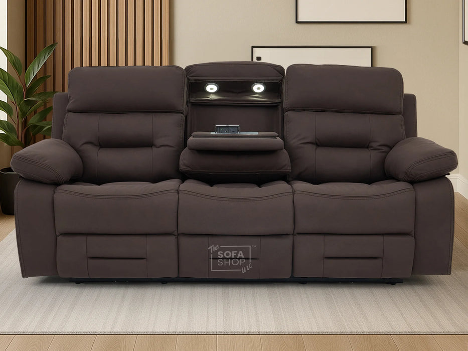 3+2 Electric Recliner Sofa Set in Brown Resillience Fabric | Hi-Tech Cinema Package with Massage, Drop-Down Table, Power Headrest, Power Recliner, Storage Drawer, USB & Wireless Charging | Sicily
