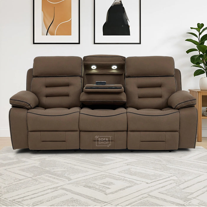 3 Seater Electric Recliner Cinema Sofa in Brown Fabric | Hi-Tech Sofa With 2 Power Reclining Buttons, Socket Set, Storage Drawer, Fold-Down Table, Bluetooth Speakers, Reading Lamps & Power Headrest | Tuscany | The Sofa Shop