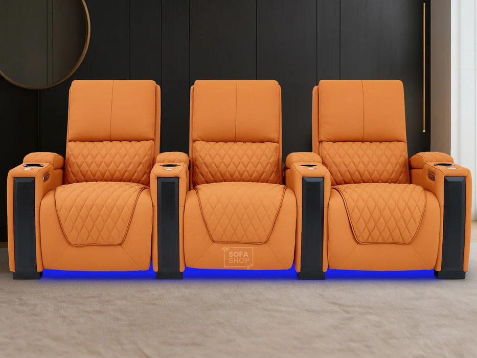 3 Seat Real Leather Electric Recliner Home Cinema Theatre Sofa In Orange | Keep Drinks Chilled in Cooling Cup Holders & Lumbar Support | Assisi