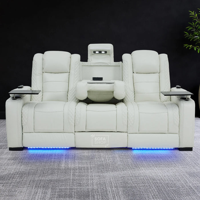 3 Seater Real Leather Electric Recliner Cinema Sofa in White | Massage, Heat, Bluetooth, Fold-Down Table & Cooling Cup Holders | Napoli | The Sofa Shop