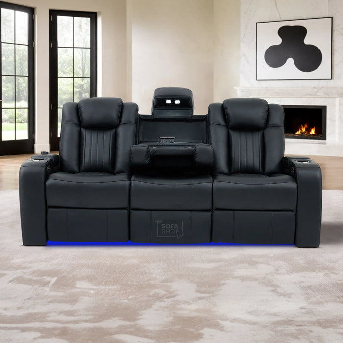3 Seater Real Leather Cinema Recliner Sofa in Black | Electric Couch with Massage, Heating, Power Plug Sockets, Cup Holders & Reading Lamps | Capri | Sofa Shop