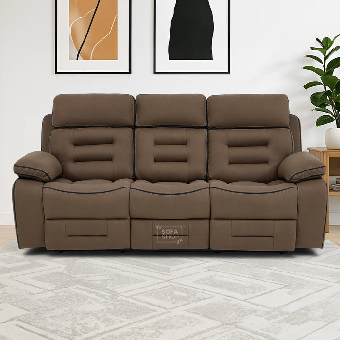 3 Seater Electric Recliner Cinema Sofa in Brown Fabric | Hi-Tech Sofa With 2 Power Reclining Buttons, Socket Set, Storage Drawer, Fold-Down Table, Bluetooth Speakers, Reading Lamps & Power Headrest | Tuscany | The Sofa Shop