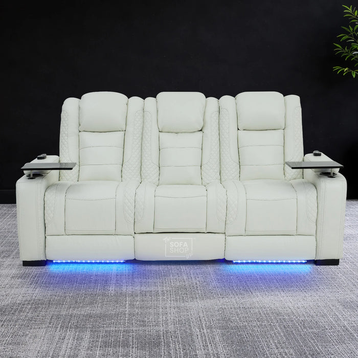 3 Seater Real Leather Electric Recliner Cinema Sofa in White | Massage, Heat, Bluetooth, Fold-Down Table & Cooling Cup Holders | Napoli | The Sofa Shop