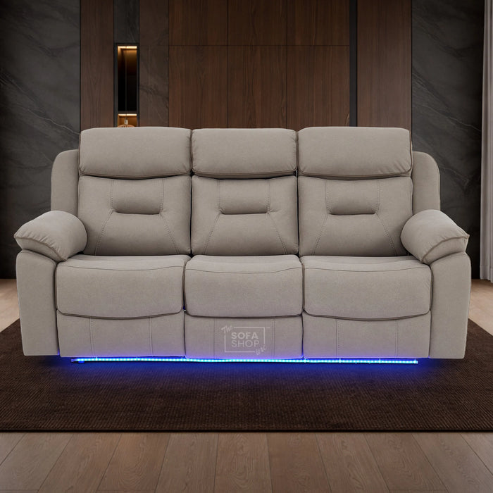 3 Seat Electric Recliner  Cinema Sofa | Fabric Couch In Beige | Hi-Tech Sofa with Massage, Heating, Cup Holders + Wireless Charging + Table + Power Headrests + Speakers | Florence