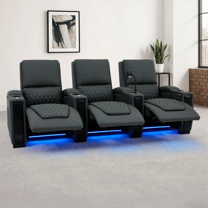 3 Seat Real Leather Electric Recliner Home Cinema Theatre Sofa In Grey with Chilled Cupholder + USB C to Stay Charged + Fully Reclining Seats & Lumbar Support | Assisi