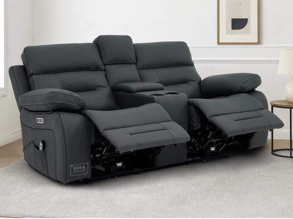 3+2 Electric Recliner Sofa Set in Grey Real Leather | Hi-Tech Cinema Package with Massage, Drop-Down Table, Power Headrest, Power Recliner, Storage Drawer, USB & Wireless Charging | Grey Real Leather | Sicily