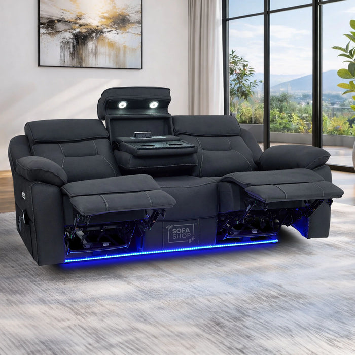 3 Seat Electric Recliner Home Cinema Sofa | Fabric Couch In Charcoal Grey | Hi-Tech Sofa with Massage + Cupholders + Table + Power Headrests + Speakers | Florence