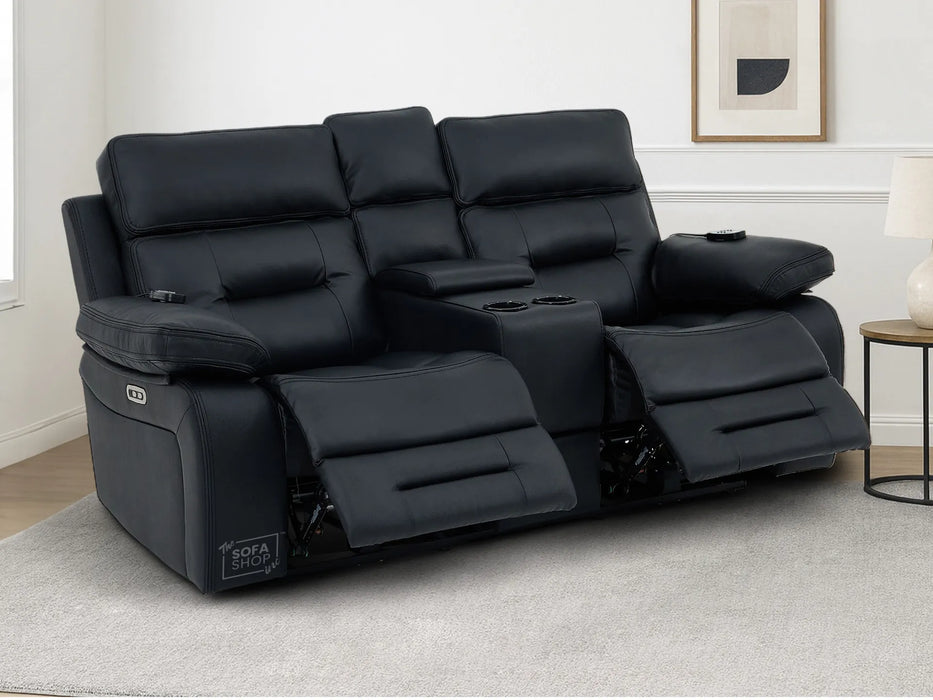 3+2 Electric Recliner Sofa Set in Black Real Leather | Hi-Tech Cinema Package with Massage, Drop-Down Table, Power Headrest, Power Recliner, Storage Drawer, USB & Wireless Charging | Sicily