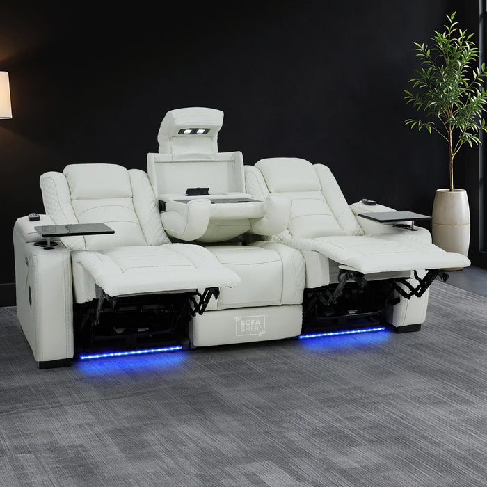 3 Seater Real Leather Electric Recliner Cinema Sofa in White | Massage, Heat, Bluetooth, Fold-Down Table & Cooling Cup Holders | Napoli | The Sofa Shop