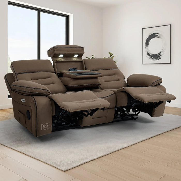 3 Seater Electric Recliner Cinema Sofa in Brown Fabric | Hi-Tech Sofa With 2 Power Reclining Buttons, Socket Set, Storage Drawer, Fold-Down Table, Bluetooth Speakers, Reading Lamps & Power Headrest | Tuscany | The Sofa Shop