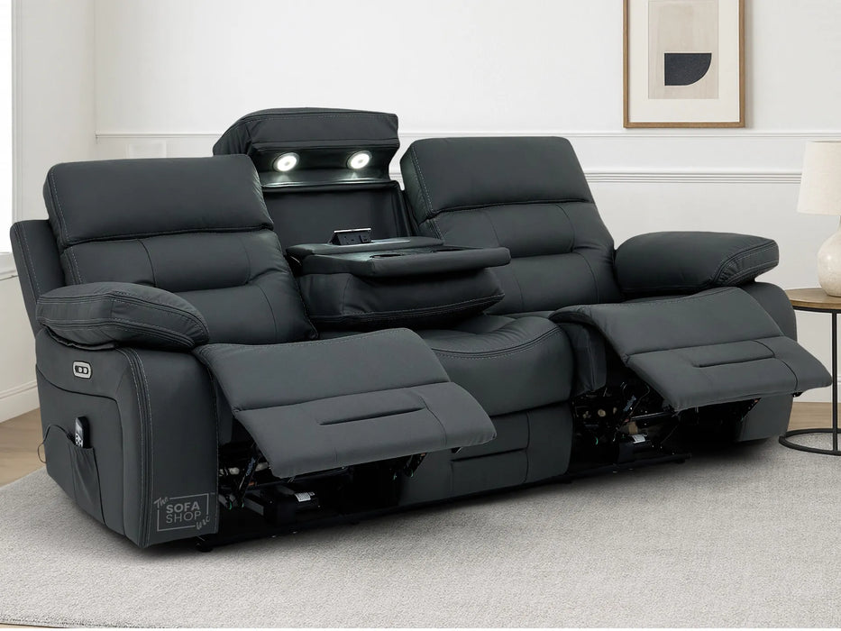 3+2 Electric Recliner Sofa Set in Grey Real Leather | Hi-Tech Cinema Package with Massage, Drop-Down Table, Power Headrest, Power Recliner, Storage Drawer, USB & Wireless Charging | Grey Real Leather | Sicily