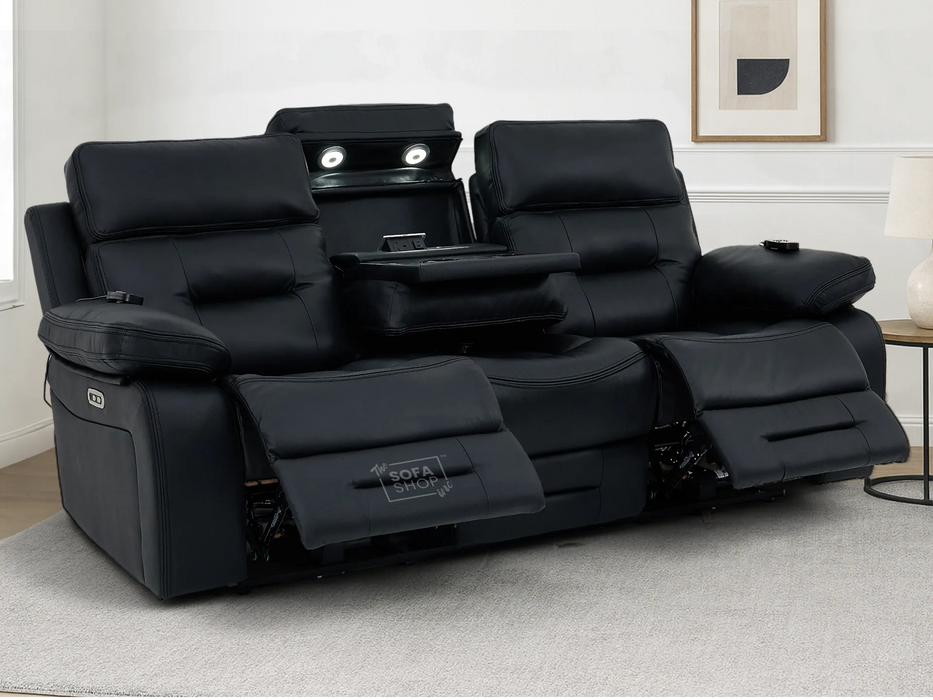 3+1 Electric Recliner Sofa Suite in Black Real Leather | Hi-Tech Cinema Set with Massage, Drop-Down Table, Power Headrest, Power Recliner, Storage Drawer, USB & Wireless Charging | Sicily