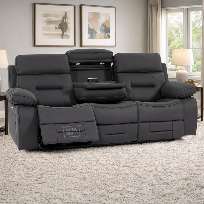 3 Seater Electric Recliner Cinema Sofa in Grey Fabric | Hi-Tech Cinema Seats with Drop-Down Table, LED Reading Light, Power Headrest, Power Recliner, Bluetooth, Socket Set, Storage Drawer, USB & Wireless Charging | Sicily