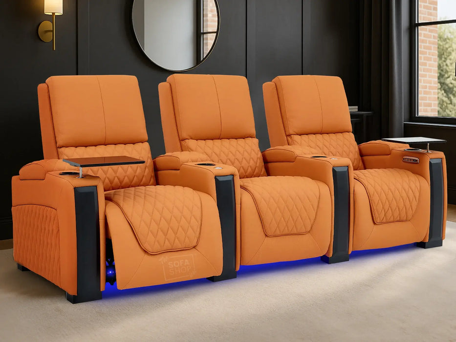 3 Seat Real Leather Electric Recliner Home Cinema Theatre Sofa In Orange | Keep Drinks Chilled in Cooling Cup Holders & Lumbar Support | Assisi