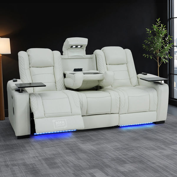 3 Seater Real Leather Electric Recliner Cinema Sofa in White | Massage, Heat, Bluetooth, Fold-Down Table & Cooling Cup Holders | Napoli | The Sofa Shop