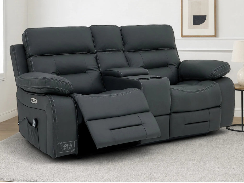 3+2 Electric Recliner Sofa Set in Grey Real Leather | Hi-Tech Cinema Package with Massage, Drop-Down Table, Power Headrest, Power Recliner, Storage Drawer, USB & Wireless Charging | Grey Real Leather | Sicily