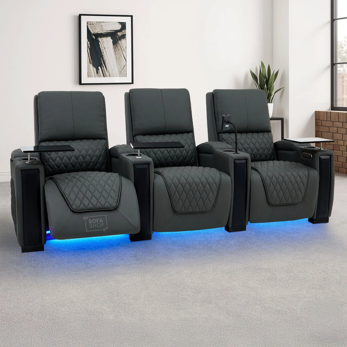3 Seat Real Leather Electric Recliner Home Cinema Theatre Sofa In Grey with Chilled Cupholder + USB C to Stay Charged + Fully Reclining Seats & Lumbar Support | Assisi