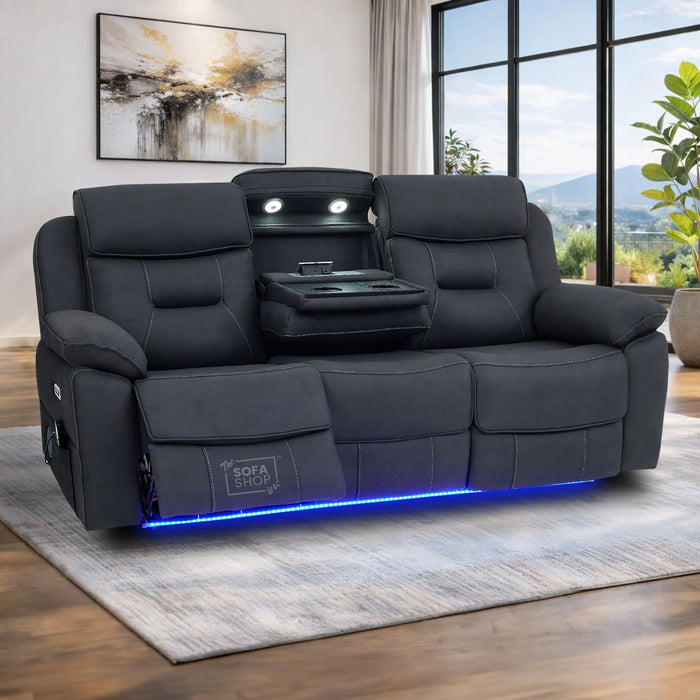 3 Seat Electric Recliner Home Cinema Sofa | Fabric Couch In Charcoal Grey | Hi-Tech Sofa with Massage + Cupholders + Table + Power Headrests + Speakers | Florence