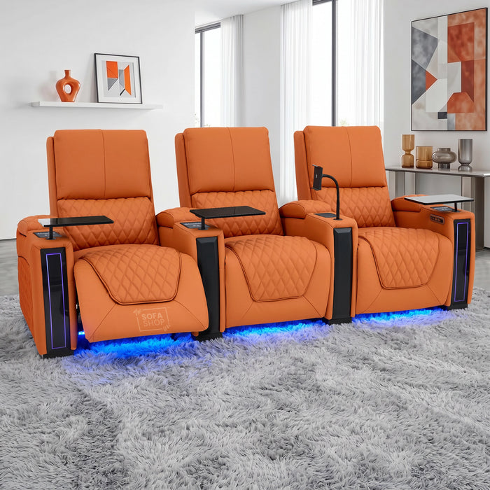3 Seater Real Leather Electric Recliner Cinema Sofa in Orange | Hi-Tech Couch With Power Lumbar, Wireless Charging, USB+C, Cooling & Heating Cupholders | Assisi | The Sofa Shop