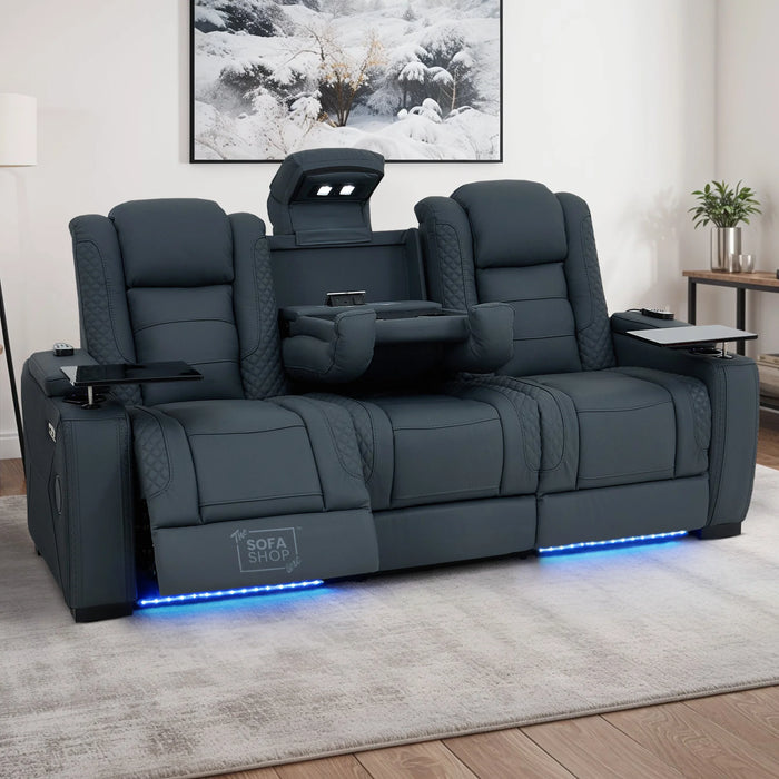 3+1 Seater Genuine Leather Recliner Cinema Sofa Set with Massage, Drop-Down Table, Cup Holders, LED Reading Light, Power Recliner, USB Ports, Socket Set & Storage | Blue Leather | Napoli