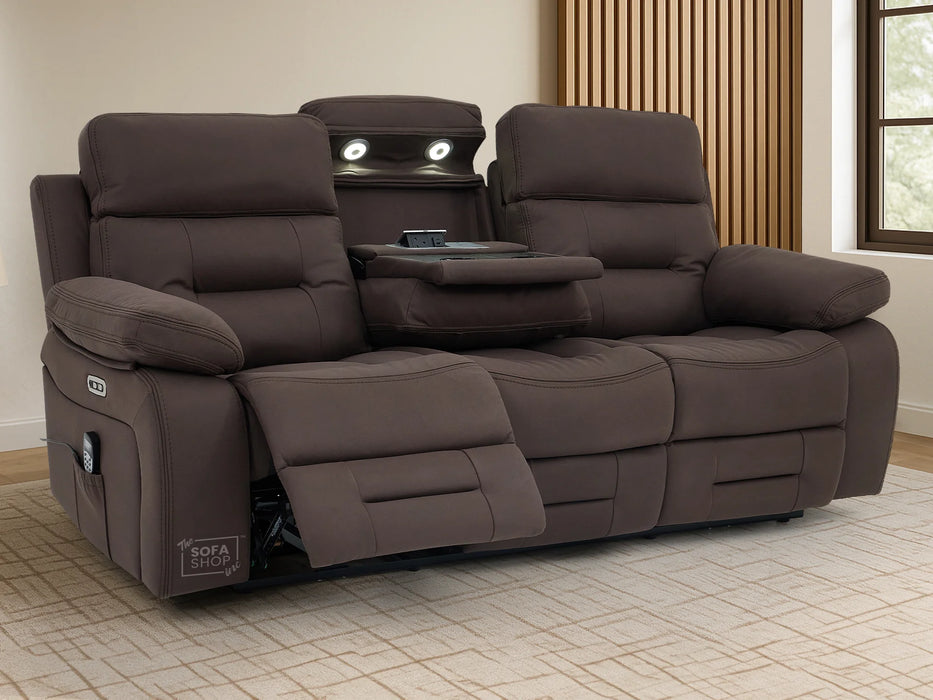 3+2 Electric Recliner Sofa Set in Brown Resillience Fabric | Hi-Tech Cinema Package with Massage, Drop-Down Table, Power Headrest, Power Recliner, Storage Drawer, USB & Wireless Charging | Sicily