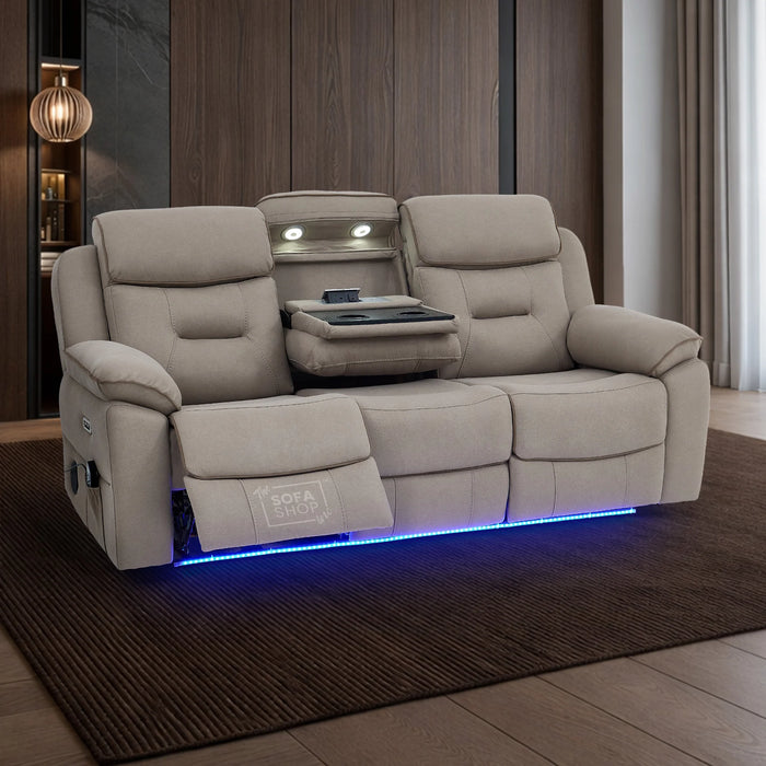3 Seat Electric Recliner  Cinema Sofa | Fabric Couch In Beige | Hi-Tech Sofa with Massage, Heating, Cup Holders + Wireless Charging + Table + Power Headrests + Speakers | Florence