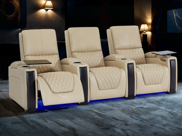 3 Seater Electric Recliner Cinema Sofa in Beige Real Leather | Smart Couch with Power Headrests, Lumbar Support & LED | Assisi | Sofa Shop