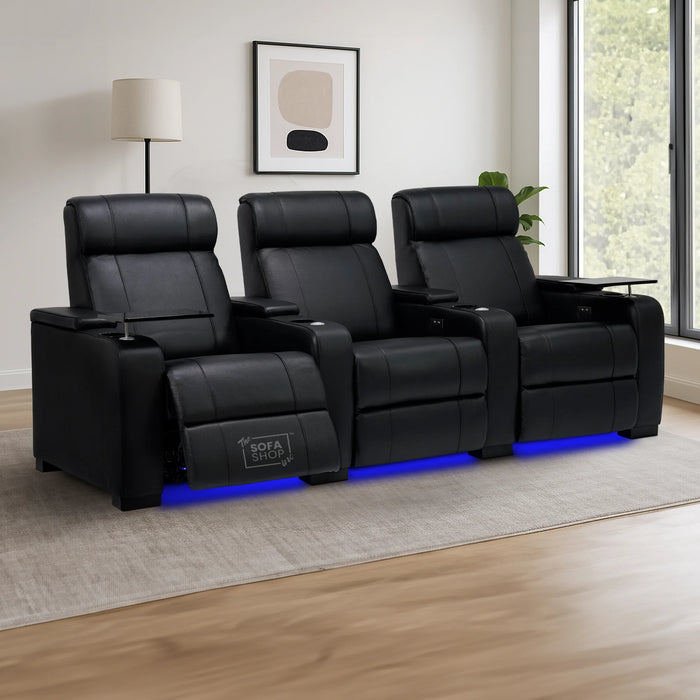 3 Seat Real Leather Electric Recliner Home Cinema Theatre Sofa in Black with Cupholders + USB + LED Lights | Rimini Series One