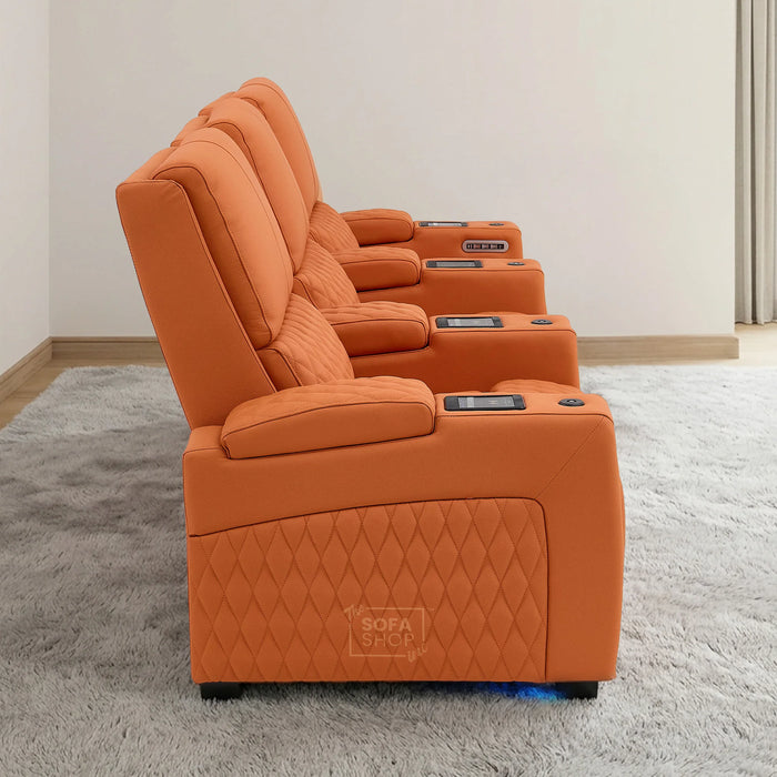 3 Seater Real Leather Electric Recliner Cinema Sofa in Orange | Hi-Tech Couch With Power Lumbar, Wireless Charging, USB+C, Cooling & Heating Cupholders | Assisi | The Sofa Shop