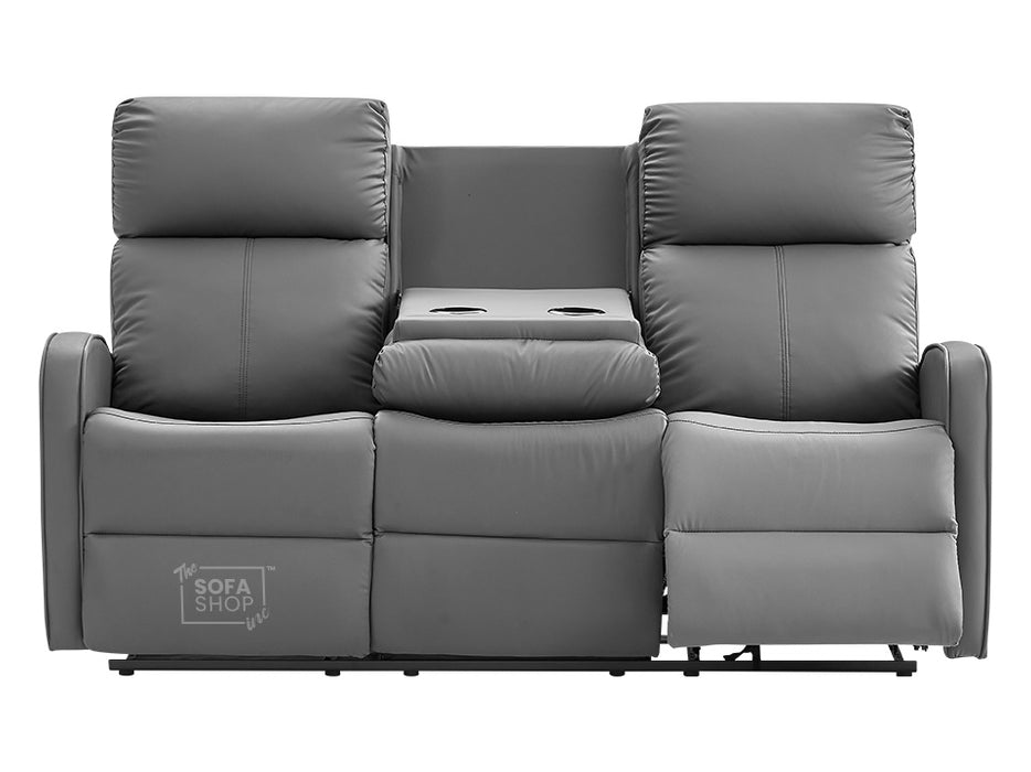 3 Seater Recliner Sofa in Grey Leather with Drop-Down Table & Cup Holders - Parma