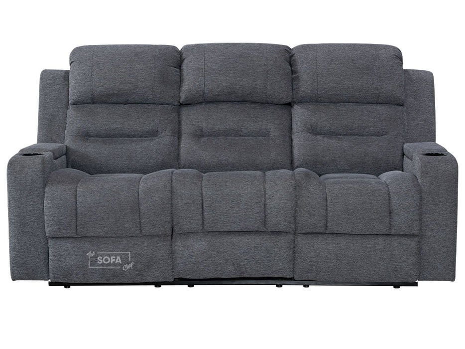 3 2 Seater Electric Recliner Sofa Set. 2 Piece Sofa Package Suite in Grey Woven Fabric With Power Headrest, USB, Console & Cup Holders - Lawson