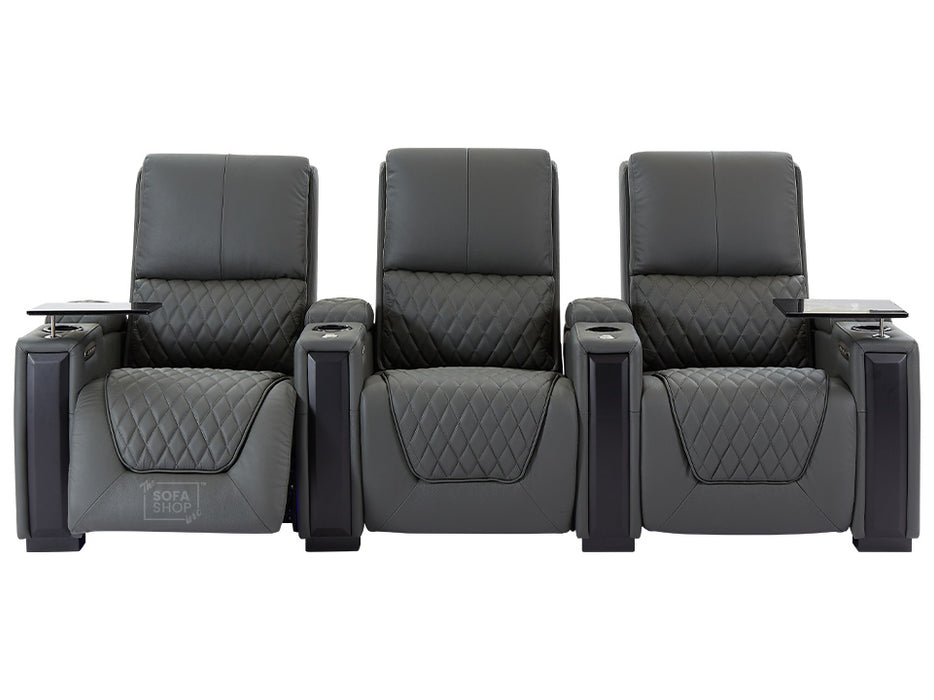 3 2 Electric Recliner Sofa Set in Grey Real Leather 2 Piece Cinema Sofa with USB Ports, Chilled Cupholders & Storage Boxes - Assisi