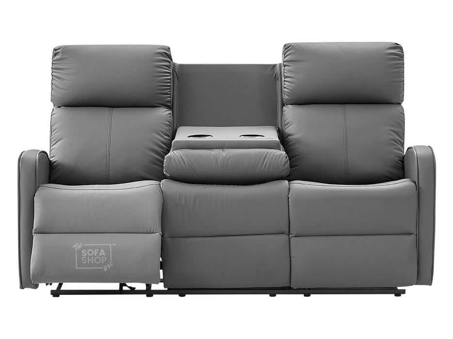 3 Seater Recliner Sofa in Grey Leather with Drop-Down Table & Cup Holders - Parma