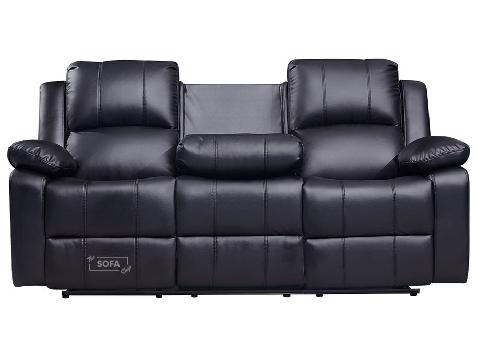 3 Piece Sofa Set - Recliner Sofa - 3+3+3 Seat Sofa Suite Package in Black Leather with Folding Table & Cupholders - Trento