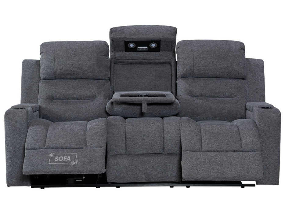 3 2 Seater Electric Recliner Sofa Set. 2 Piece Sofa Package Suite in Grey Woven Fabric With Power Headrest, USB, Console & Cup Holders - Lawson