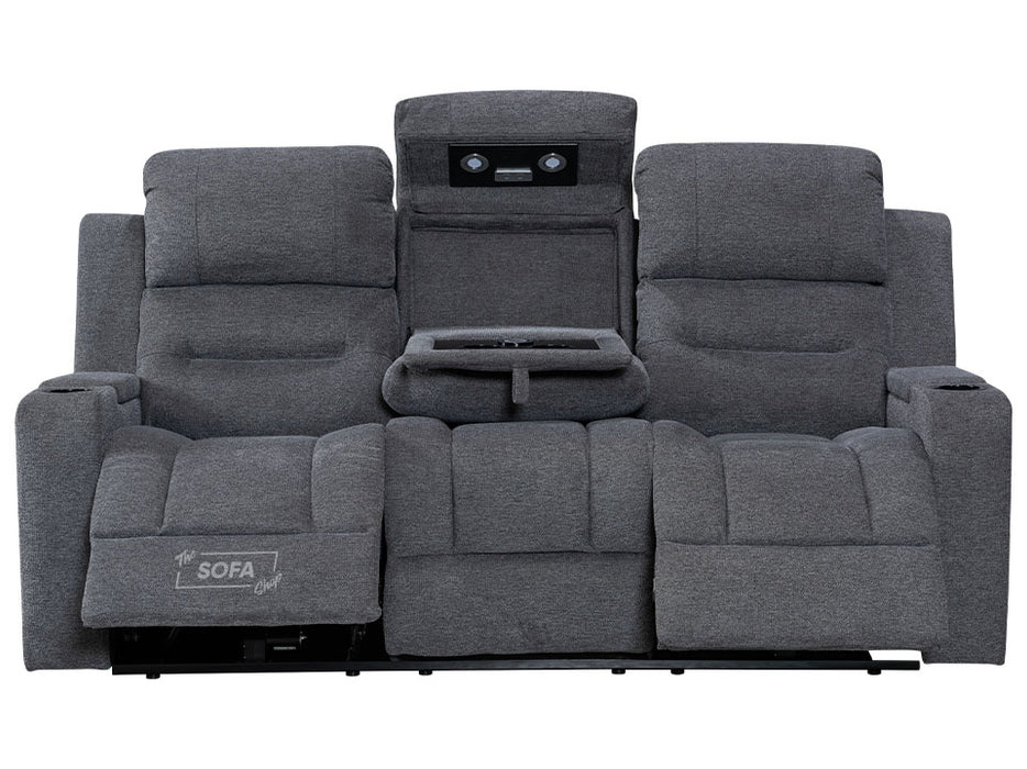 3+3 Seater Electric Recliner Sofa Set in Dark Grey Woven Fabric With Power Headrests, USB, Console & Cup Holders - Siena