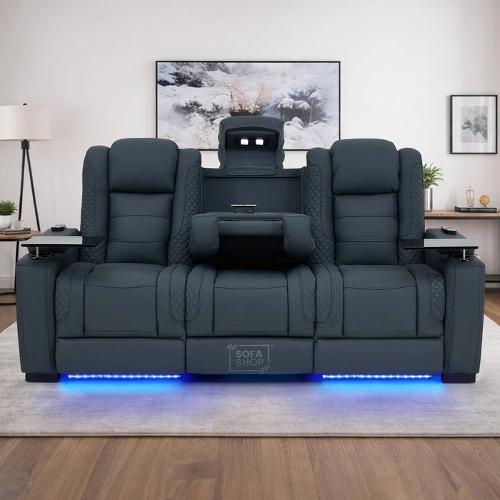 3 Seater Real Leather Electric Recliner Cinema Sofa in Blue | Massage & Heat, Bluetooth, Cooling Cup Holders, Tray Tables & Fold-Down Table | Napoli | The Sofa Shop