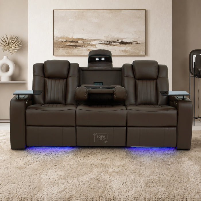3 Seater Cinema Sofa in Brown Real Leather | Hi-Tech Cinema Sofa with Vibration Massage, Heated Lumbar, Bluetooth Speakers, Heating & Cooling Cupholders | Capri | The Sofa Shop