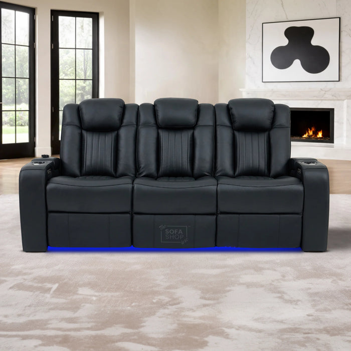 Real Leather 3+2+1 Power Reclining Sofa Set in Black | 3-Piece Cinema Sofa Suite with Console, Power Sockets, Cup Holders, Table & Massage | Capri