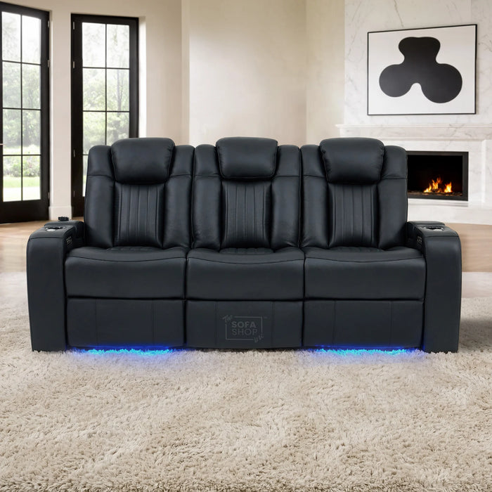 3 Seater Real Leather Cinema Recliner Sofa in Black | Electric Couch with Massage, Heating, Power Plug Sockets, Cup Holders & Reading Lamps | Capri | Sofa Shop