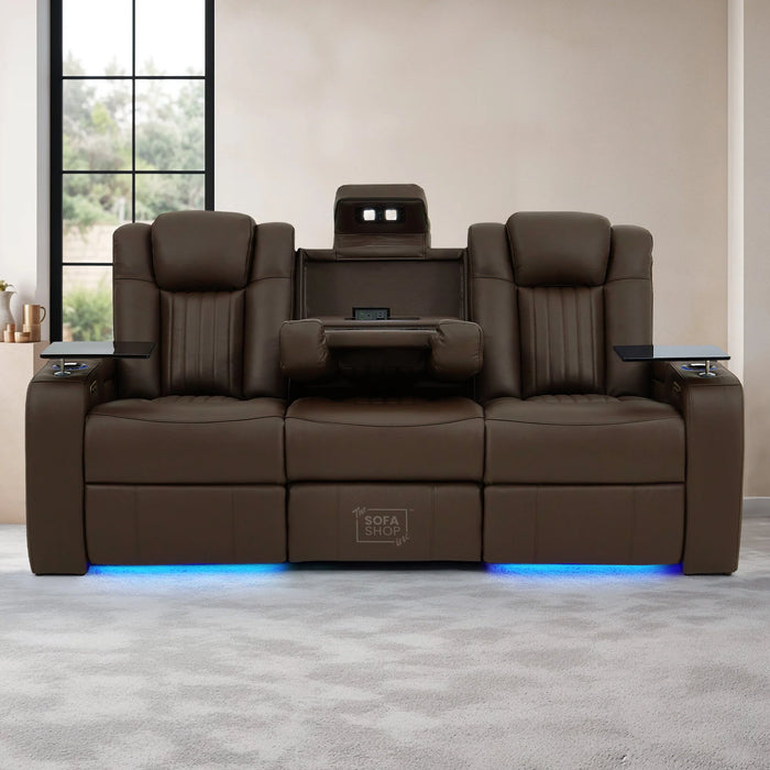 Dark Brown Real Leather 3 Seater Cinema Sofa | Electric Recliner Couch with Massage, Heat, Fold-Down Table & Wireless Charger | Capri | The Sofa Shop