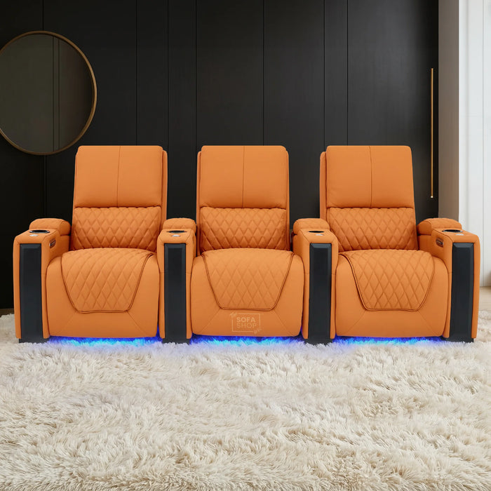 3 Seater Cinema Sofa in Orange Real Leather | Luxury Theatre & Home Cinema Seating | Electric Recliner With 3 Power Recliners, Power Lumbar & Cooling Cup Holders | Assisi | The Sofa Shop
