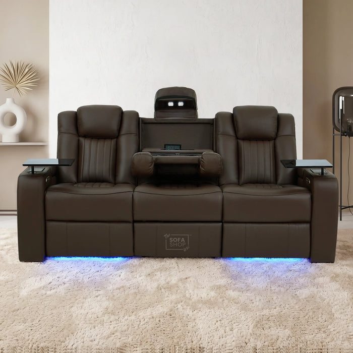 3 Seater Cinema Sofa in Brown Real Leather | Hi-Tech Cinema Sofa with Vibration Massage, Heated Lumbar, Bluetooth Speakers, Heating & Cooling Cupholders | Capri | The Sofa Shop