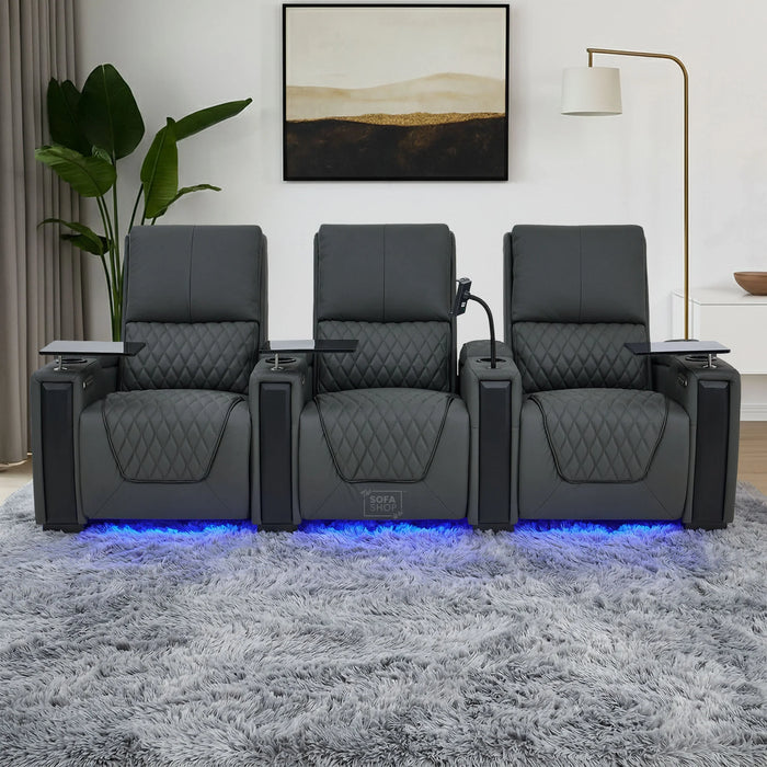 Real Leather 3+1 Home Theatre Sofa Suite In Grey | 2 Piece Reclining Cinema Sofa Package With Massage, Low Heated Lumbar, Power Lumbar, LED & Cooling Cup Holders | Assisi