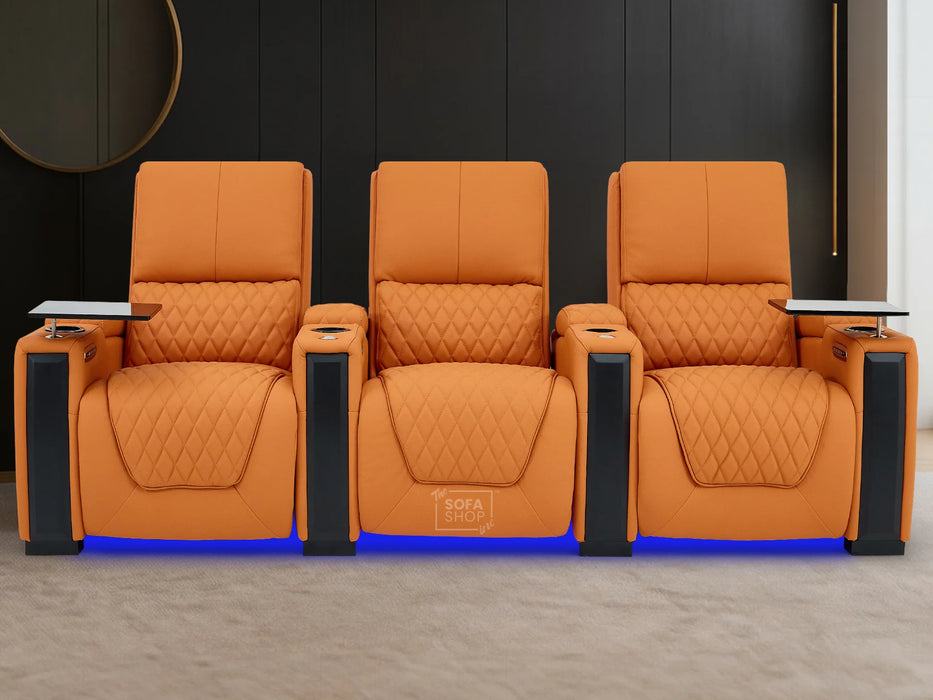 3 Seat Real Leather Electric Recliner Home Cinema Theatre Sofa In Orange | Keep Drinks Chilled in Cooling Cup Holders & Lumbar Support | Assisi