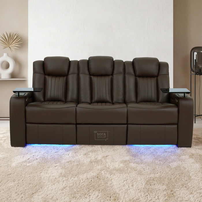 3 Seater Cinema Sofa in Brown Real Leather | Hi-Tech Cinema Sofa with Vibration Massage, Heated Lumbar, Bluetooth Speakers, Heating & Cooling Cupholders | Capri | The Sofa Shop