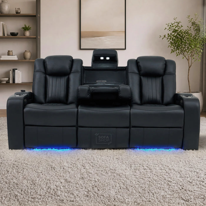 Cinema Sofa in Black Genuine Leather | Hi-Tech Cinema Sofa with Power Recline + Power Headrests + Sockets + Wireless Charging + Vibration Massage | Capri | The Sofa Shop