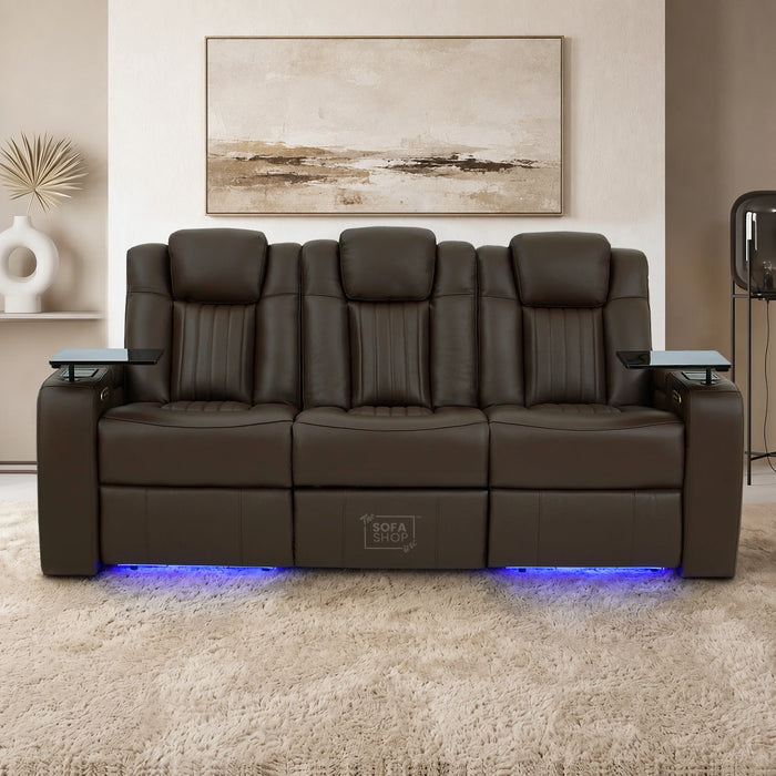 3 Seater Cinema Sofa in Brown Real Leather | Hi-Tech Cinema Sofa with Vibration Massage, Heated Lumbar, Bluetooth Speakers, Heating & Cooling Cupholders | Capri | The Sofa Shop