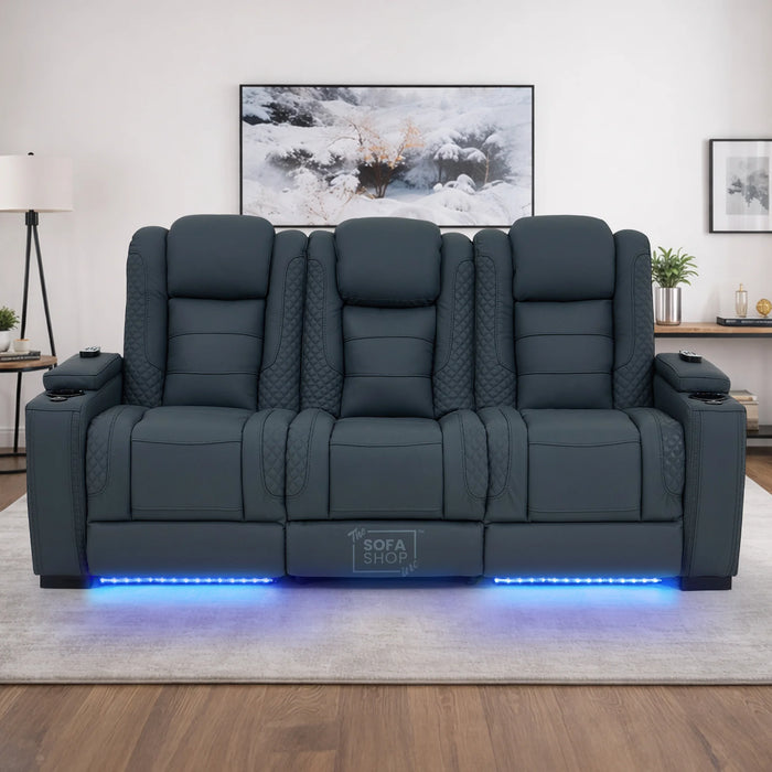 3 Seater Real Leather Electric Recliner Cinema Sofa in Blue | Massage & Heat, Bluetooth, Cooling Cup Holders, Tray Tables & Fold-Down Table | Napoli | The Sofa Shop