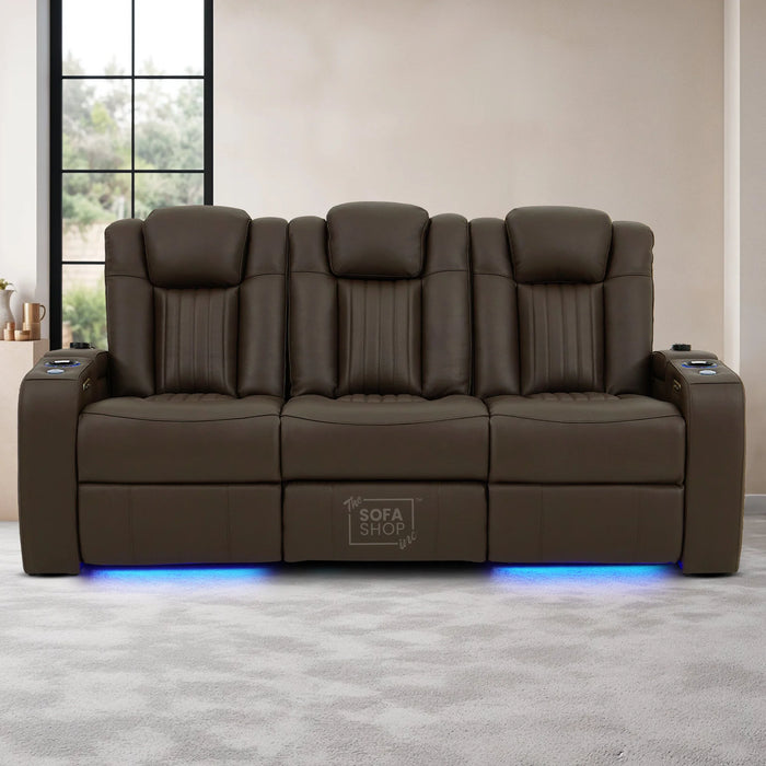 Dark Brown Real Leather 3 Seater Cinema Sofa | Electric Recliner Couch with Massage, Heat, Fold-Down Table & Wireless Charger | Capri | The Sofa Shop